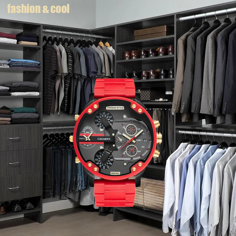 Gold Watch Men Luxury Brand Famous Dual Time Military Relogio Masculino 57mm 3D Large Case Quartz Mens Watches Red Male Clock