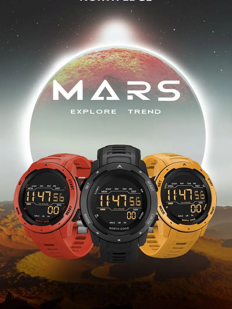 NORTH EDGE Mars Men Digital Watch Men's Military Sport Watches Waterproof 50M Pedometer Calories Stopwatch Hourly Alarm Clock