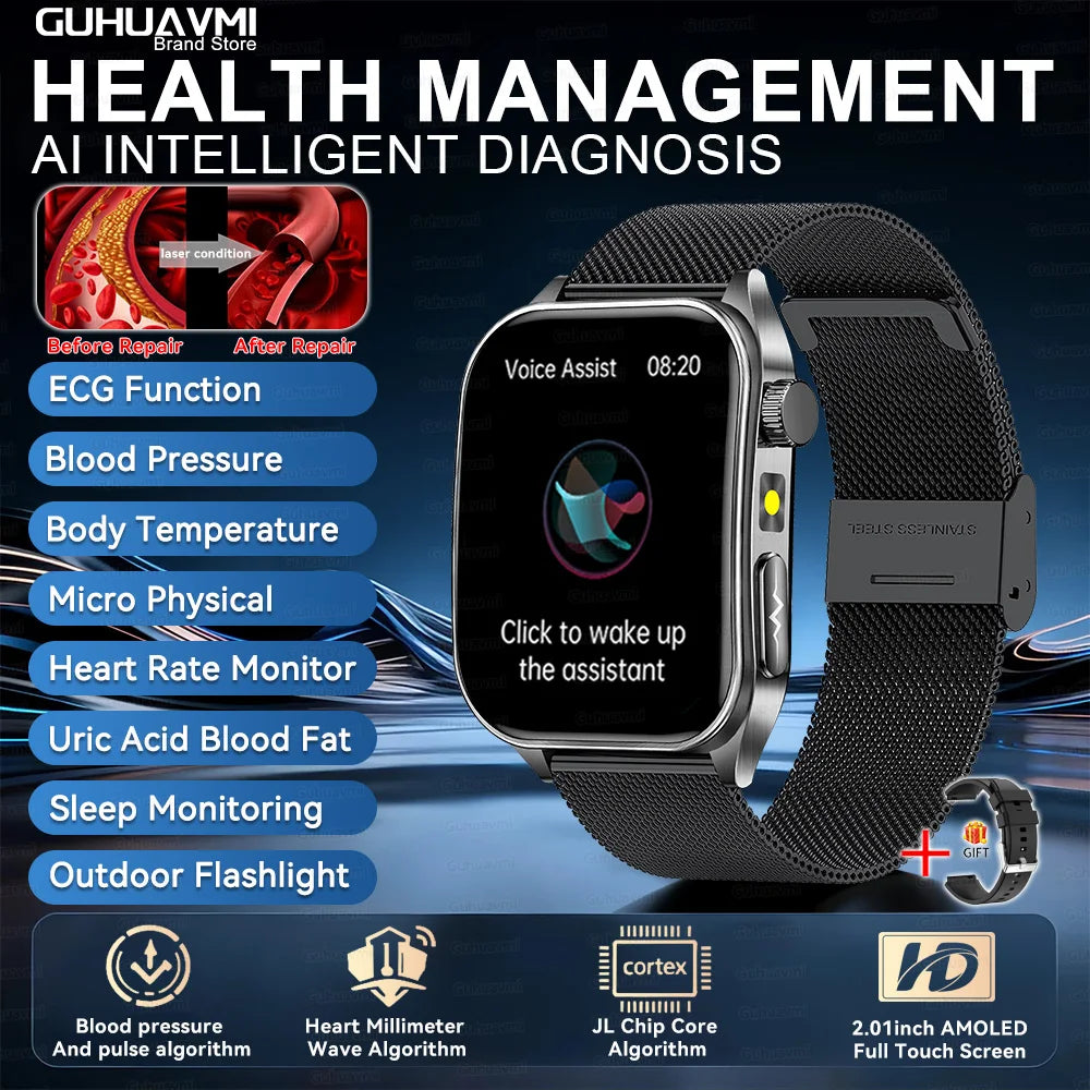 2025 New Laser therapy+ECG+HRV High-end Health Watch Men Body analysis Blood pressure lipids Uric acid Health Tracker Smartwatch