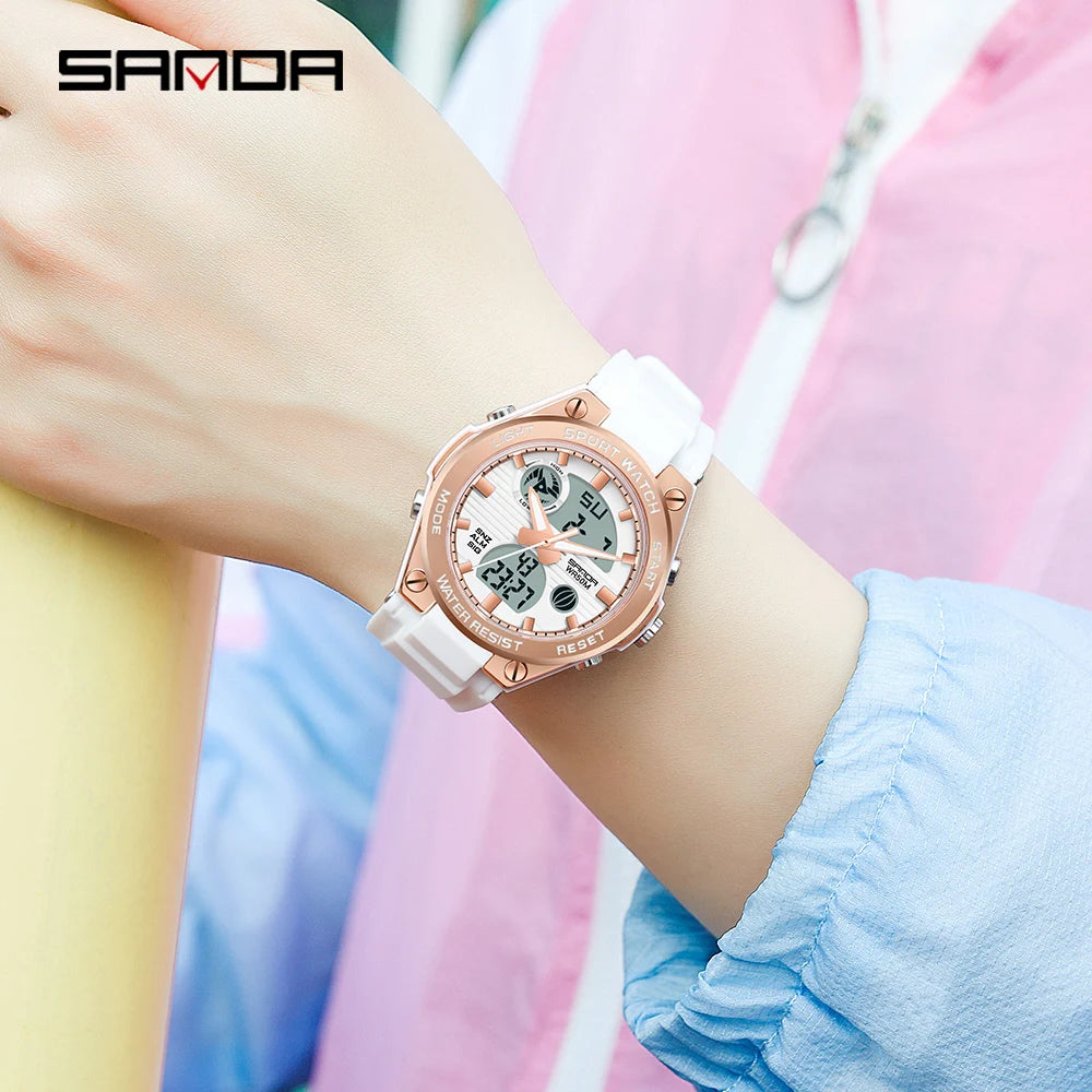 SANDA 6067 Digital Watch Women's Macaron Sport Chronograph Calendar Lady Quartz Wristwatch 50m Waterproof LED Electronic Clock