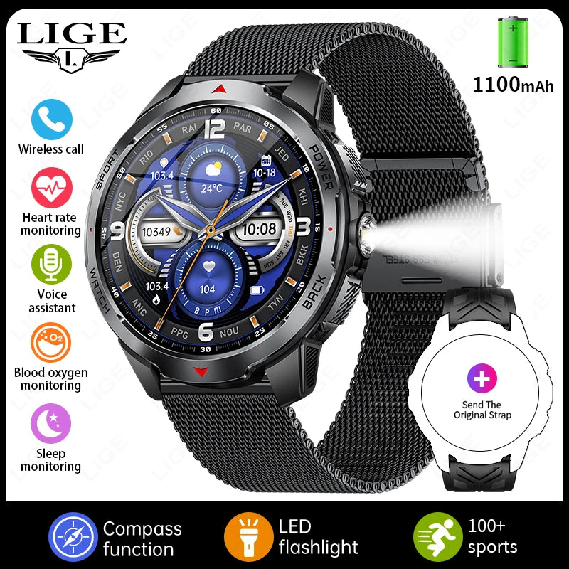 LIGE New Smart Watch Men 1100mah Large Capacity Battery Compass Outdoor 3ATM Waterproof Sports Fitness Bluetooth Call Smartwatch