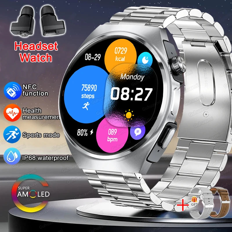 2025 New Original Smart Watch 2 in 1 Earbuds Watches 360*360 AMOLED Call Health Monitor Sport Tracker NFC Waterproof Smartwatchs