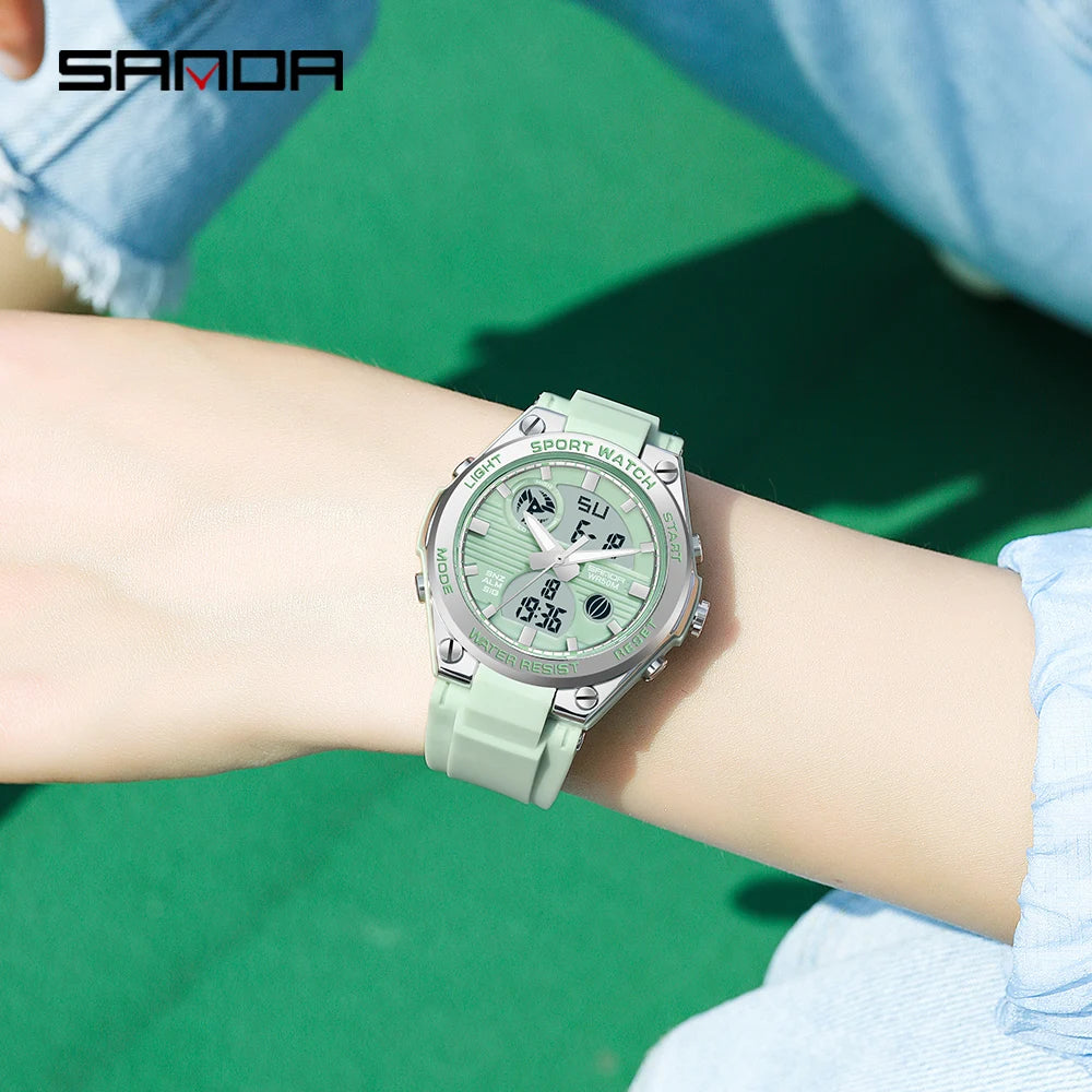 SANDA 6067 Digital Watch Women's Macaron Sport Chronograph Calendar Lady Quartz Wristwatch 50m Waterproof LED Electronic Clock