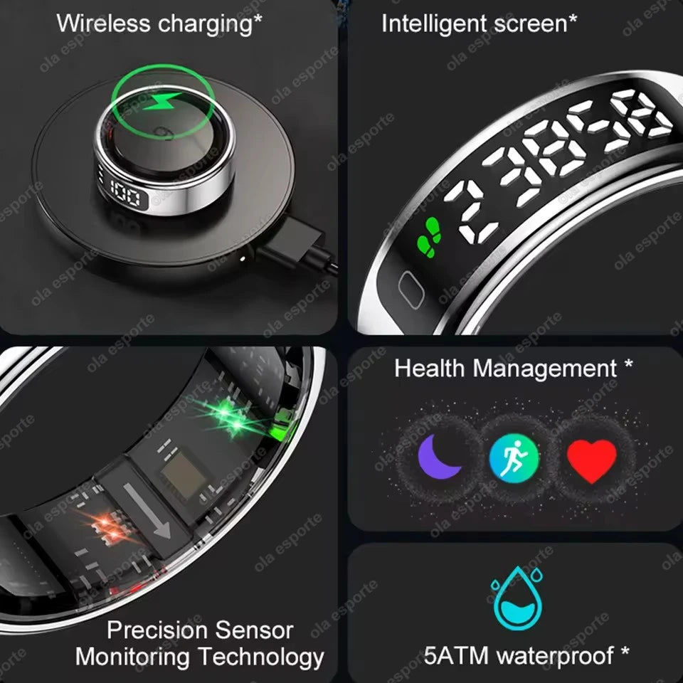 Fashion Smart Ring with Display Screen and Touch, Wireless Charging, Health Manager, IP68 5ATM Waterproof For Men Women 2025 New