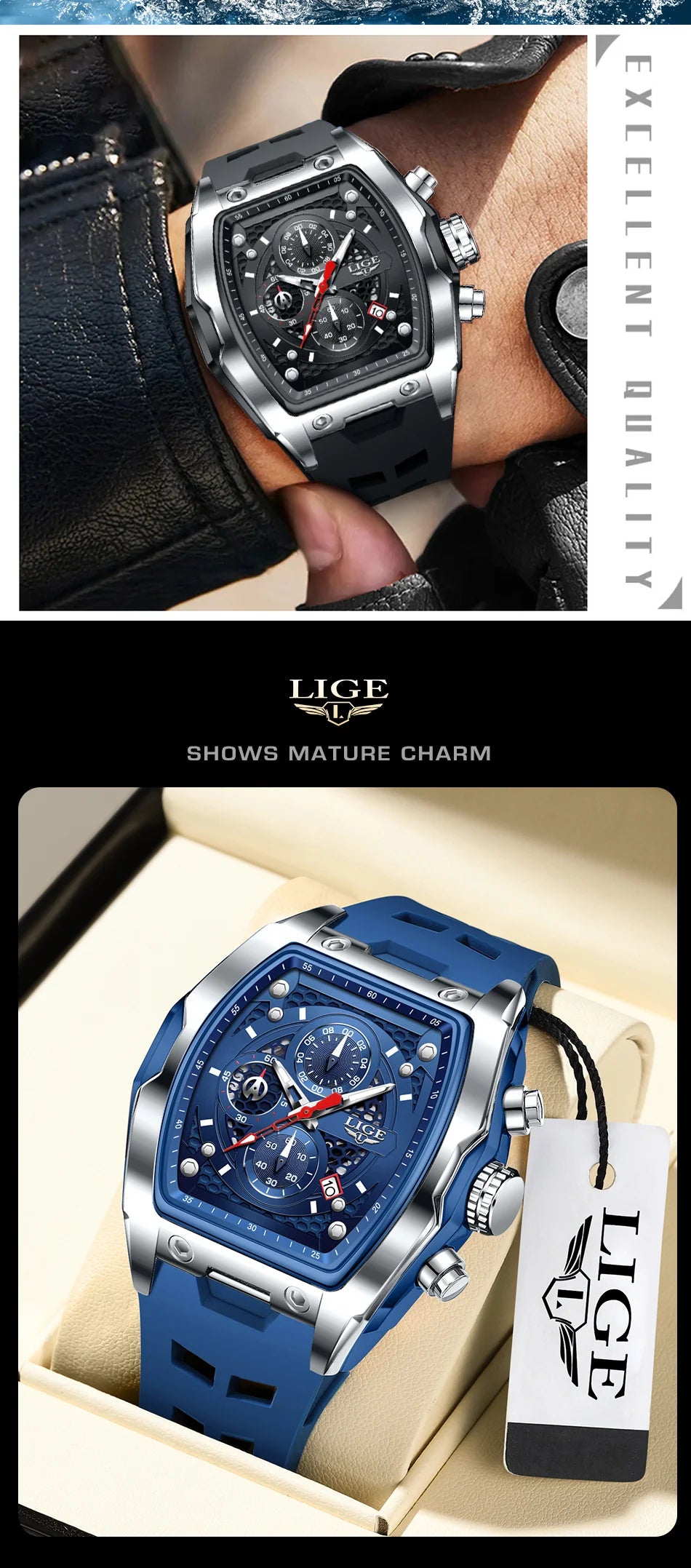 LIGE Silicone Watch Fashion Military Sports Waterproof Quartz Watches Calendar Luminous Men's Watch Chronograph Watches for Man