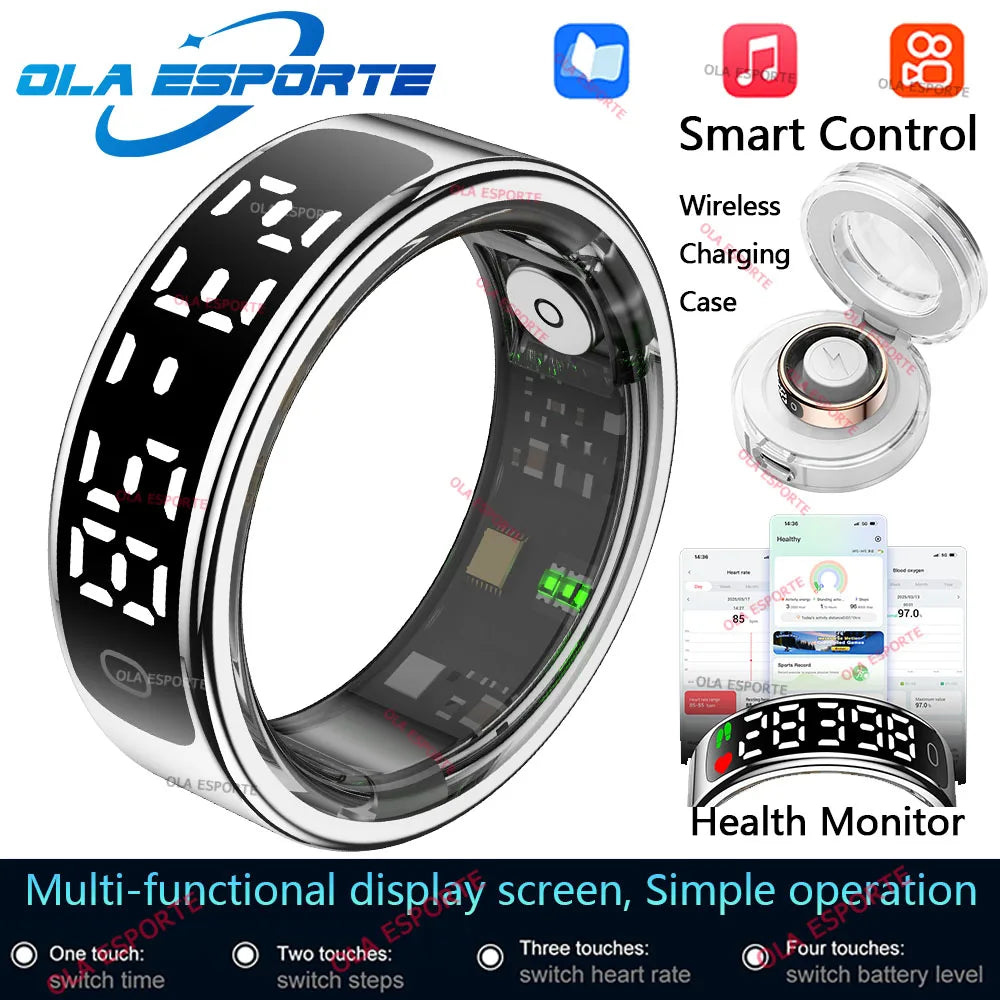 2025 Smart Ring with Display Screen and Touch, Wireless Charging Case,Health Manager, 5ATM Waterproof For Men Women R12 R13 Ring