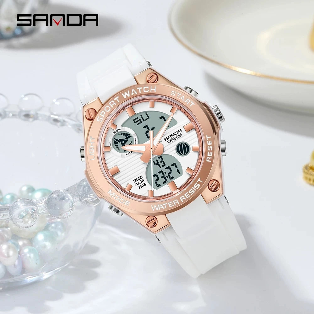 SANDA 6067 Digital Watch Women's Macaron Sport Chronograph Calendar Lady Quartz Wristwatch 50m Waterproof LED Electronic Clock