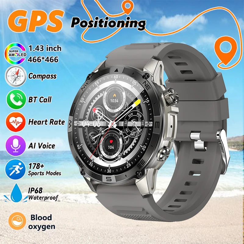2025New Smart Watch Built-in GPS Positioning AMOLED Screen1.43-inch Heart Rate Blood Oxygen IP68 NFC Barometer Gauge Smartwatch