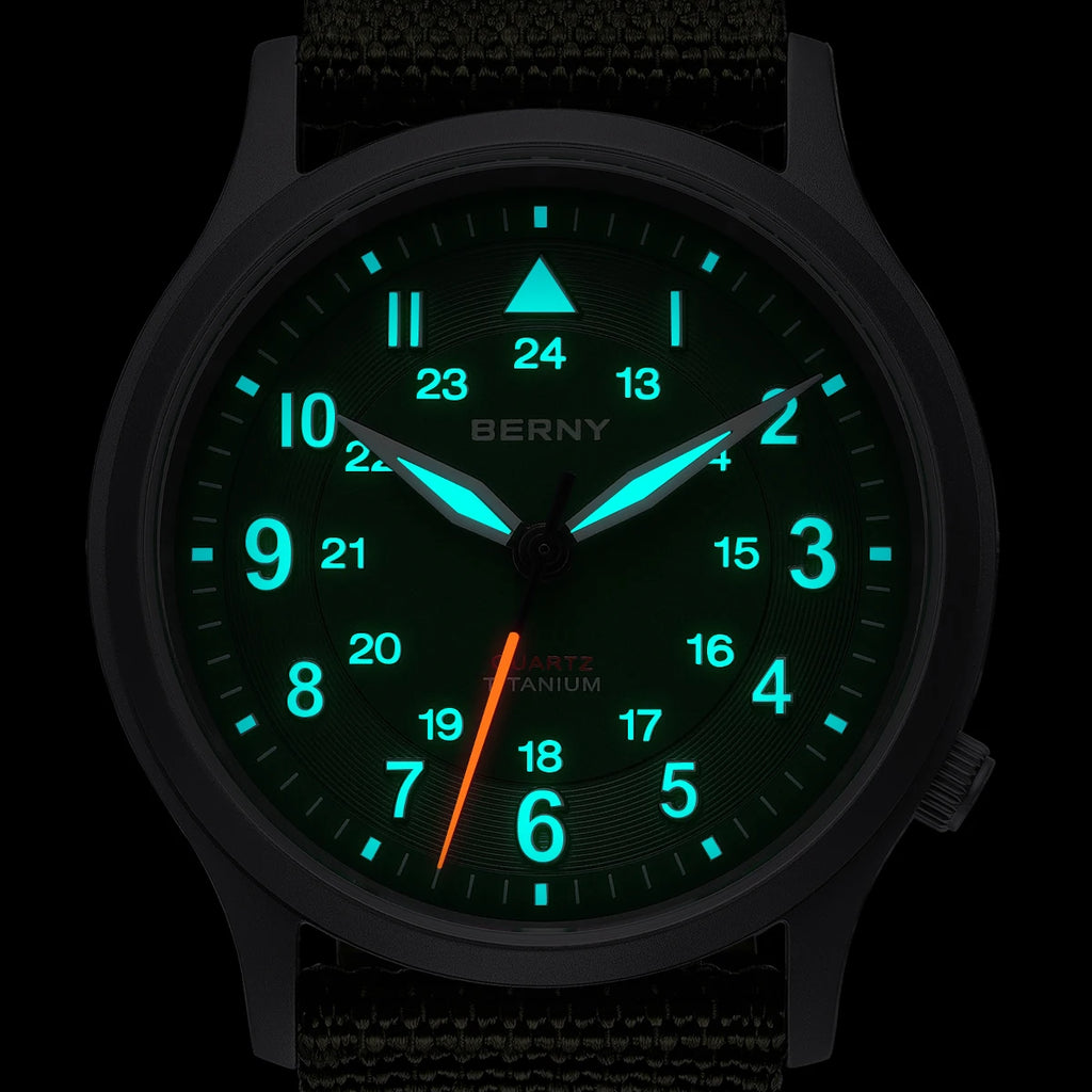 BERNY Titanium Watches for Men Super Luminous Sapphire Field Pilot Men's Watch Outdoor Quartz Wristwatch Lightweight 5ATM