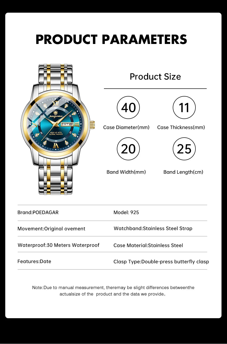 POEDAGAR Business Men Watch Date Week Waterproof Luminous Luxury Man Wristwatch Sports Stainless Steel Men's Quartz Watches Male