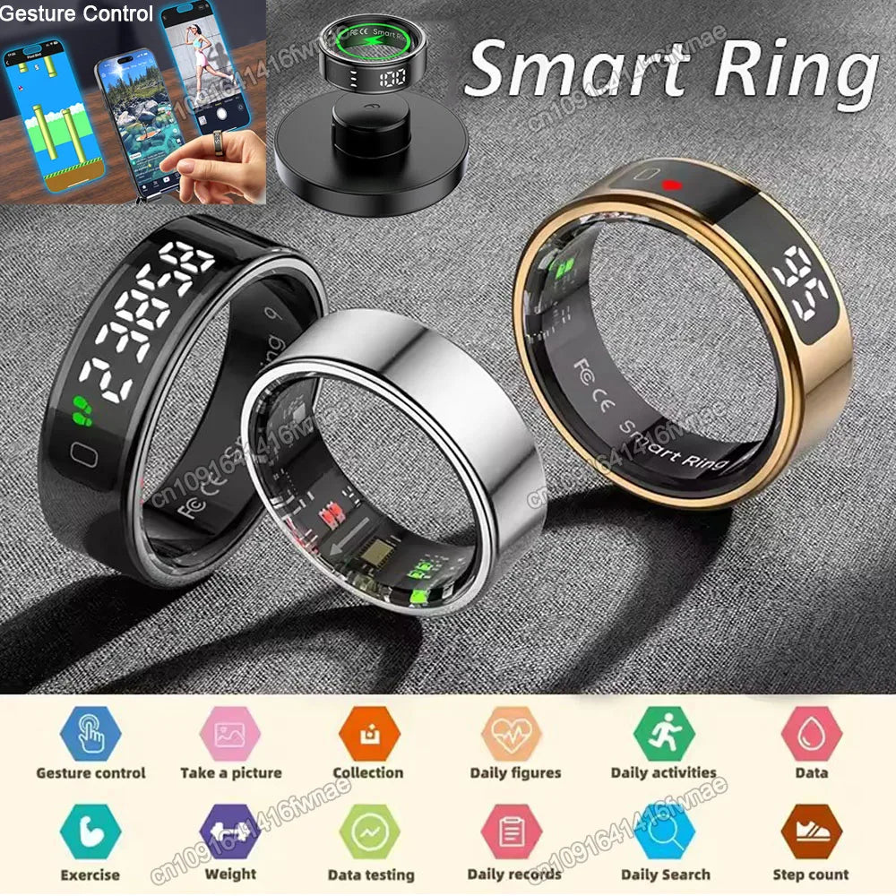 Fashion Smart Ring with Display Screen and Touch, Wireless Charging, Health Manager, IP68 5ATM Waterproof For Men Women 2025 New