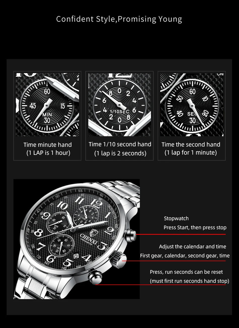 Brand CHENXI Watch Men Chronograph Clock Leather Casual High Quality Quartz Watches For Men Wrist Waterproof Sports Male Clock