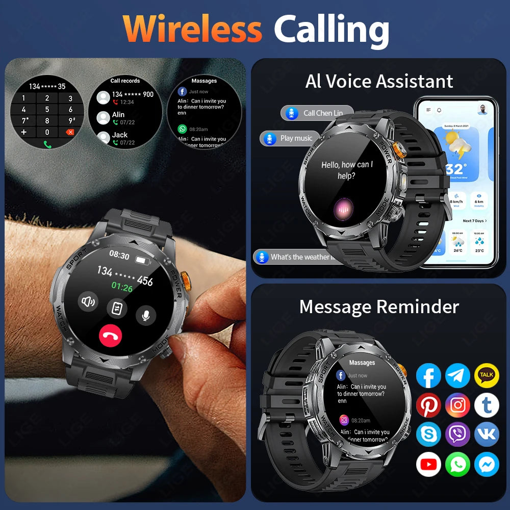 LIGE New Smart Watch Men 1000mAh Large Capacity Battery Outdoor Flashlight Bluetooth Call Waterproof Sport Fitness Smartwatch