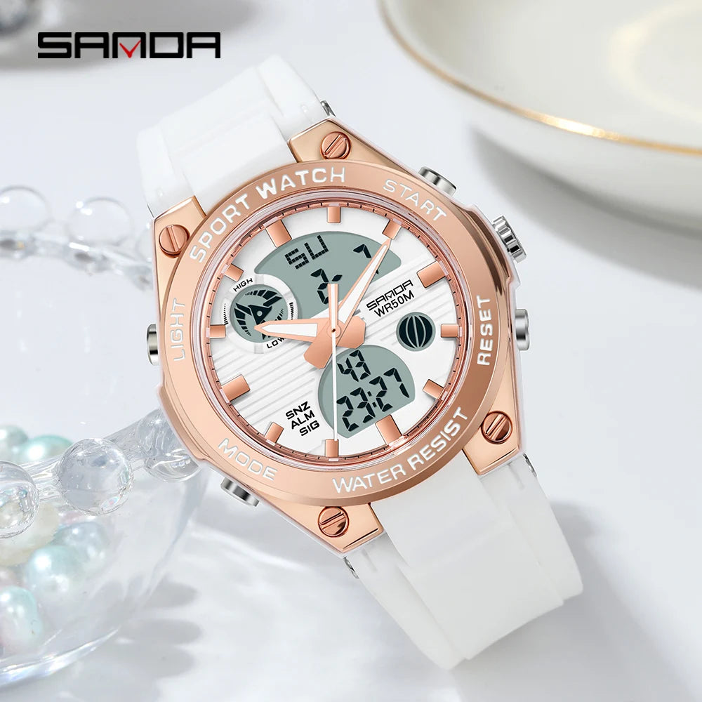 SANDA 6067 Digital Watch Women's Macaron Sport Chronograph Calendar Lady Quartz Wristwatch 50m Waterproof LED Electronic Clock