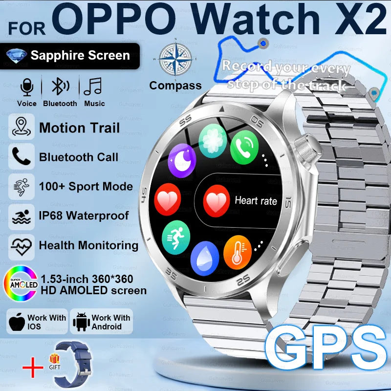 2025New For OPPO Watch X2 Smart Watch Men GPS Track Compass AMOLED Screen Bluetooth Call Heart Rate IP68 Waterproof Smartwatches
