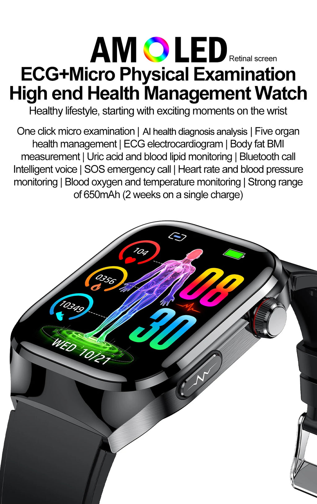 New Blood Pressure Uric Acid Body Fat Smartwatch Micro Physical Examination Five Organ Health Watches Bluetooth Call Smart Watch