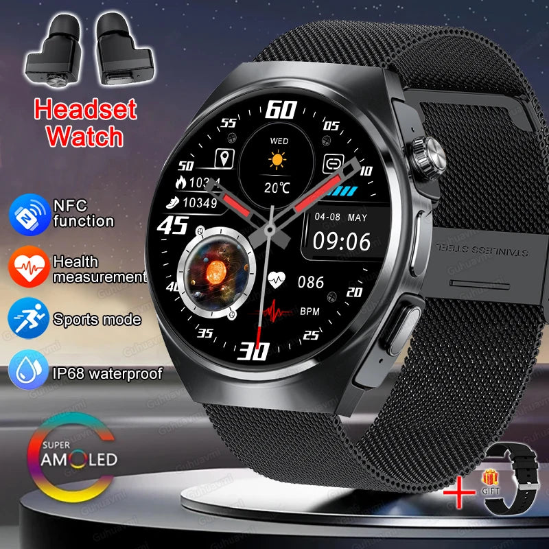 2025 New Original Smart Watch 2 in 1 Earbuds Watches 360*360 AMOLED Call Health Monitor Sport Tracker NFC Waterproof Smartwatchs