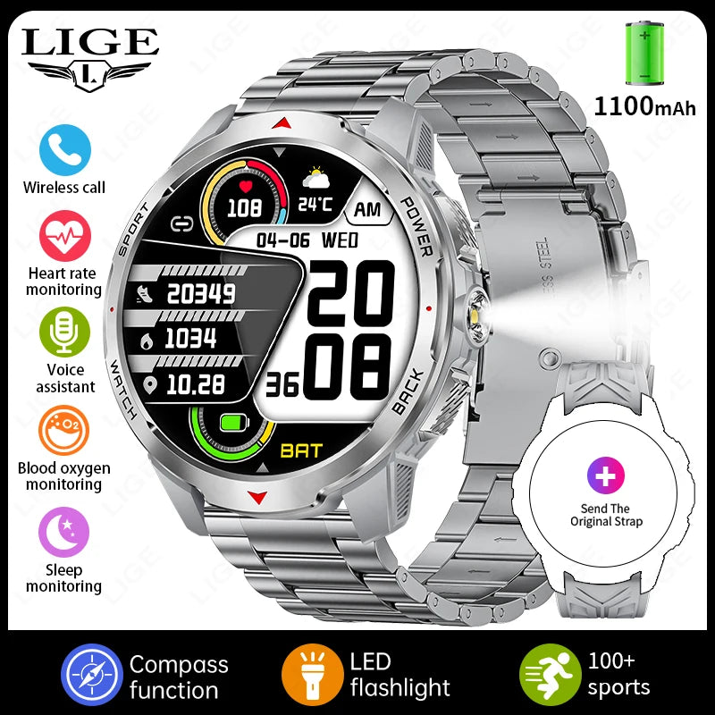 LIGE New Smart Watch Men 1100mah Large Capacity Battery Compass Outdoor 3ATM Waterproof Sports Fitness Bluetooth Call Smartwatch