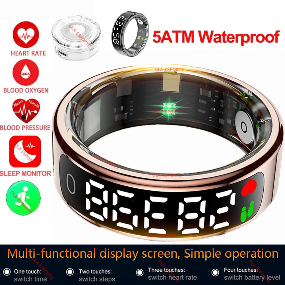 2025 Smart Ring with Display Screen and Touch, Wireless Charging Case,Health Manager, 5ATM Waterproof For Men Women R12 R13 Ring