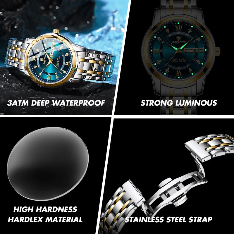 POEDAGAR Business Men Watch Date Week Waterproof Luminous Luxury Man Wristwatch Sports Stainless Steel Men's Quartz Watches Male
