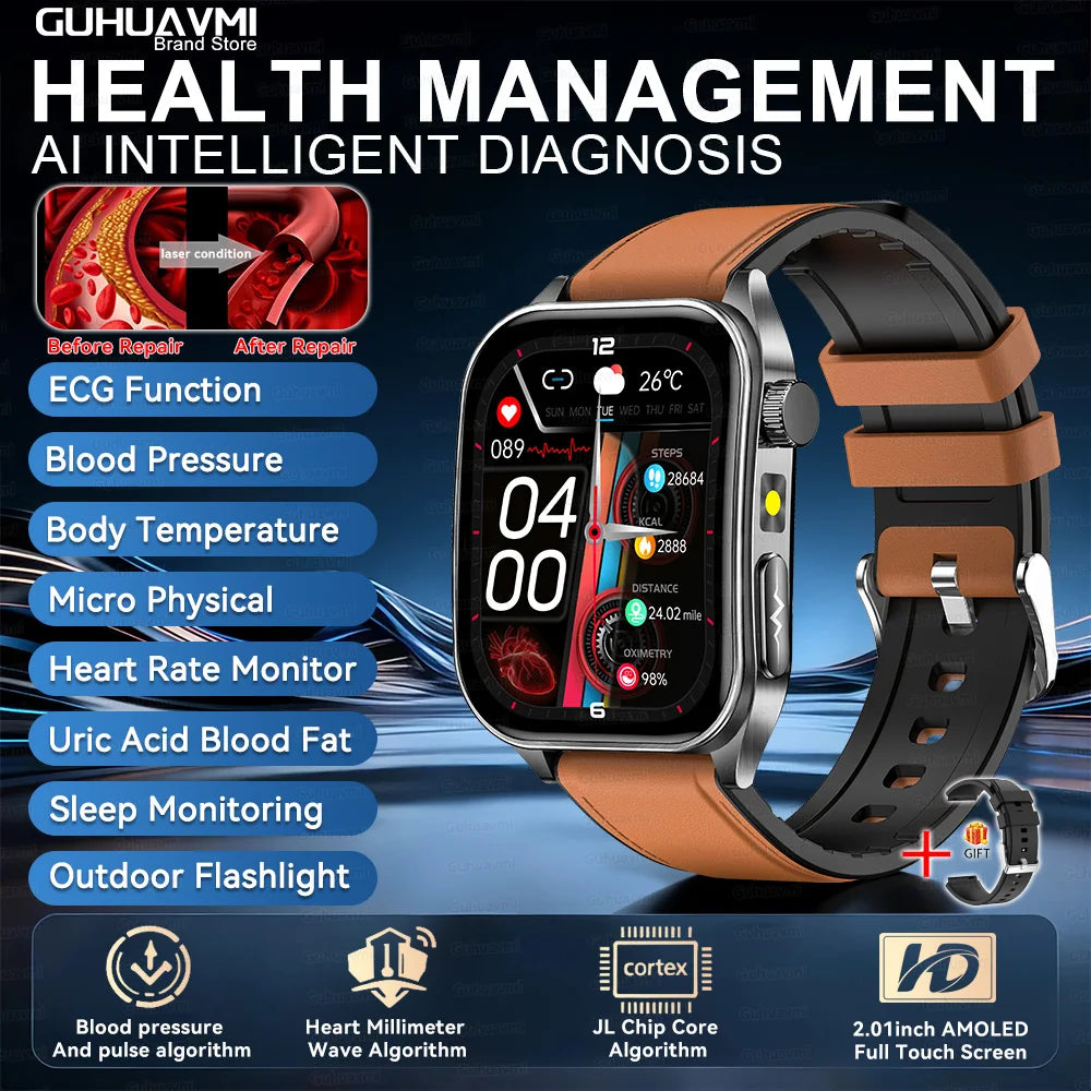 2025 New Laser therapy+ECG+HRV High-end Health Watch Men Body analysis Blood pressure lipids Uric acid Health Tracker Smartwatch