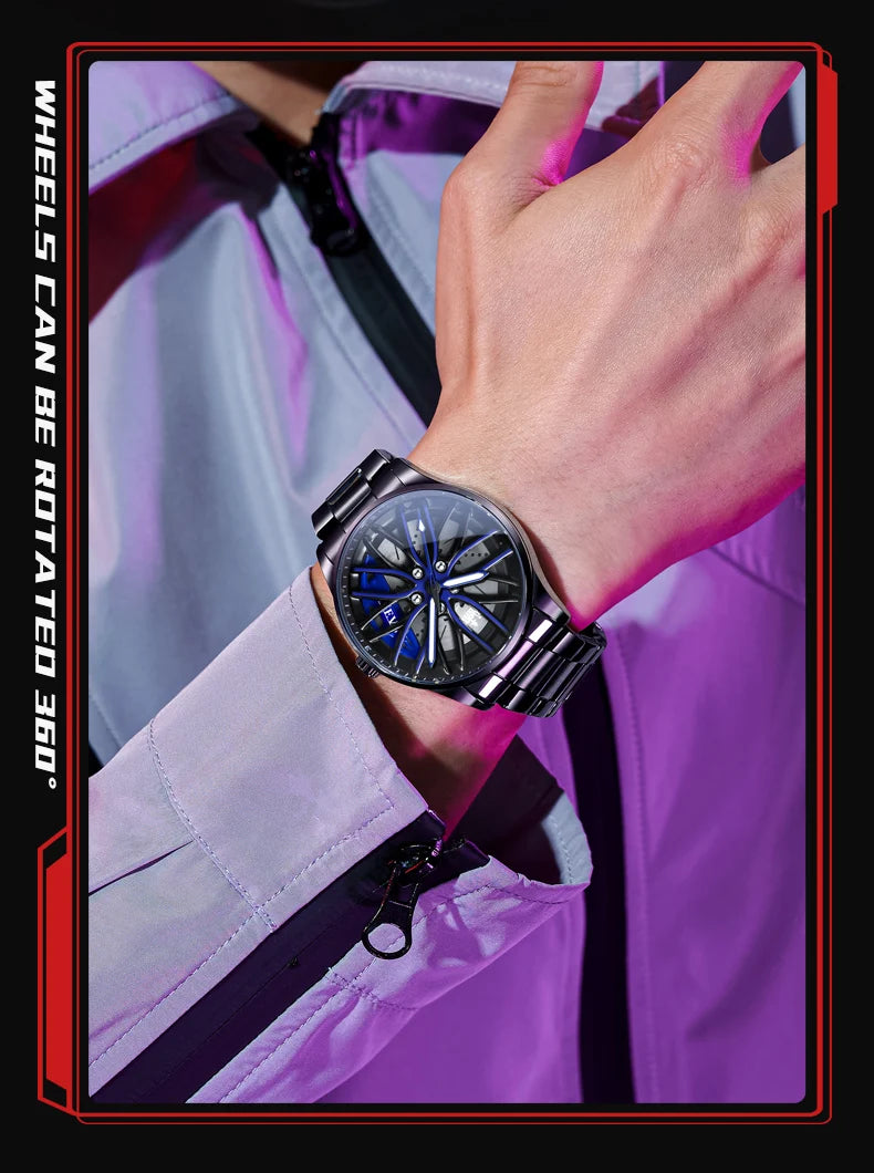 OLEVS 9937 Mens Watch Original Rotatable Wheel Hub Dial Fashion Trend Quartz Watch Waterproof Luminous Stainless Steel Reloj