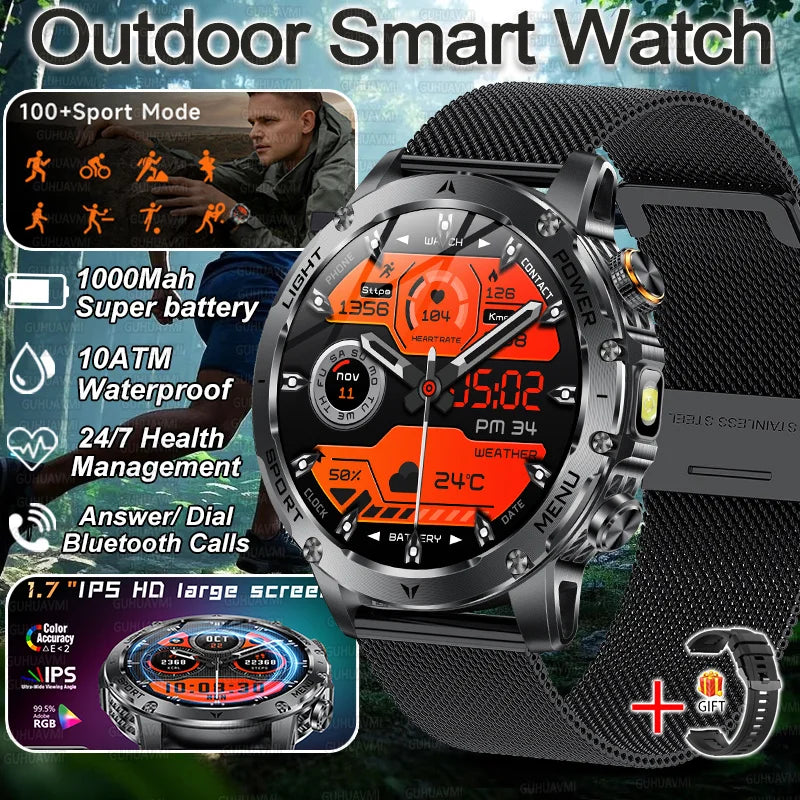 New Military Smart Watch Men 1.7 inches HD AMOLED Screen 100+Sports Heart Rate 1000Mah Battery HD Call 10ATM Waterproof Bracelet