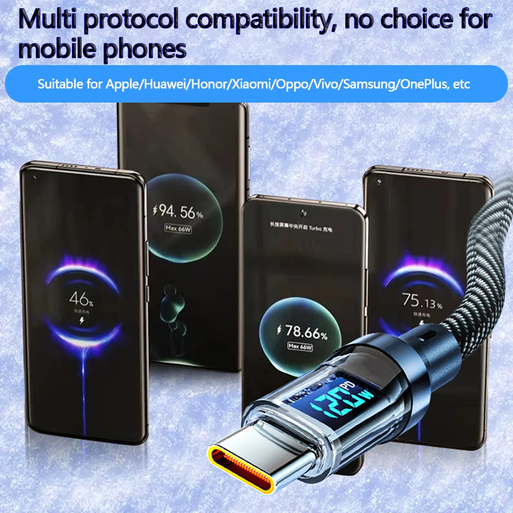 120W USB to Type C Cable Phone Super Fast Charging Cable With LED Display 100W Type-C To Type-C Data Cord For Huawei Oppo Vivo