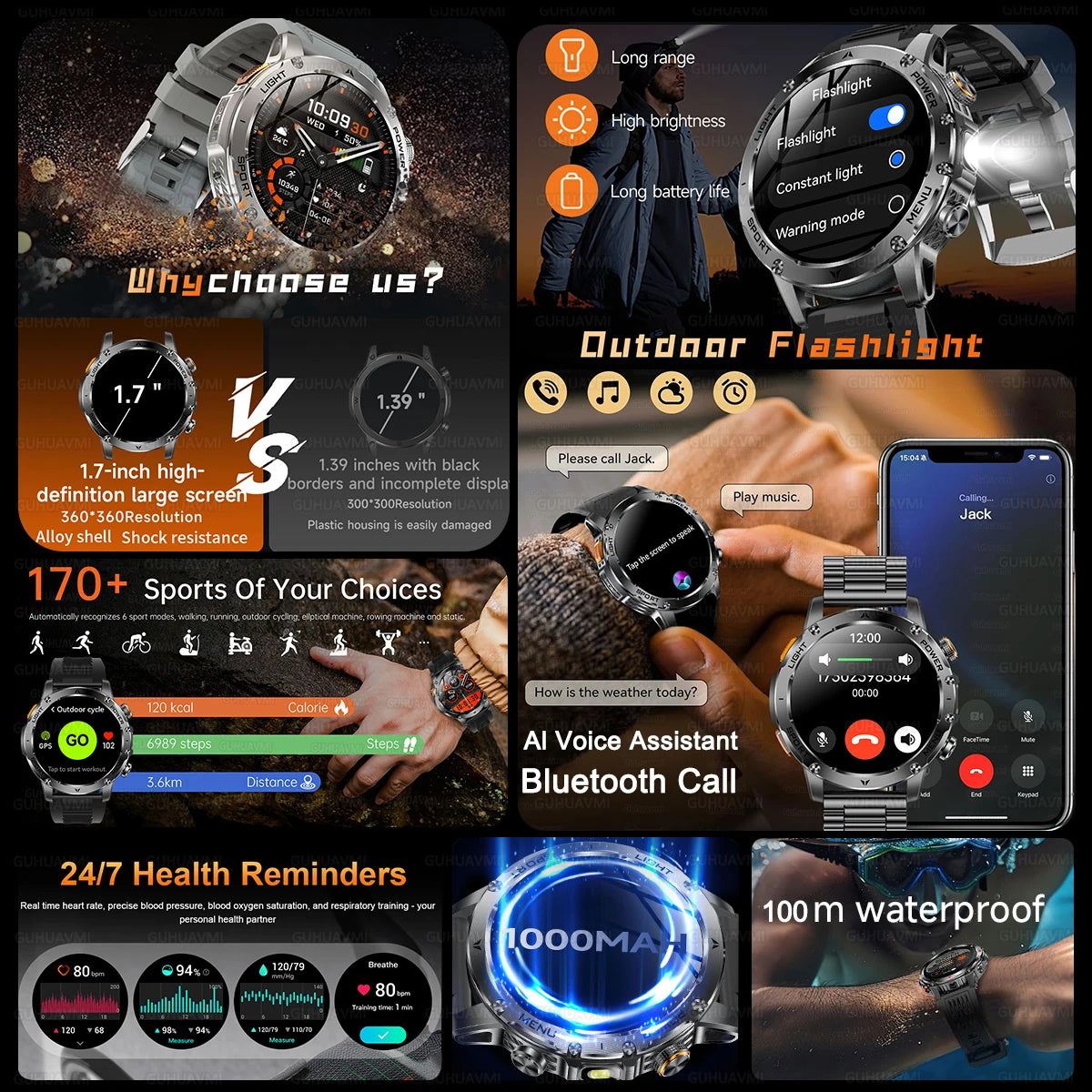 New Military Smart Watch Men 1.7 inches HD AMOLED Screen 100+Sports Heart Rate 1000Mah Battery HD Call 10ATM Waterproof Bracelet