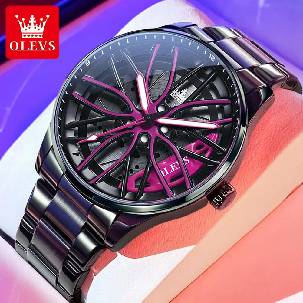 OLEVS 9937 Mens Watch Original Rotatable Wheel Hub Dial Fashion Trend Quartz Watch Waterproof Luminous Stainless Steel Reloj