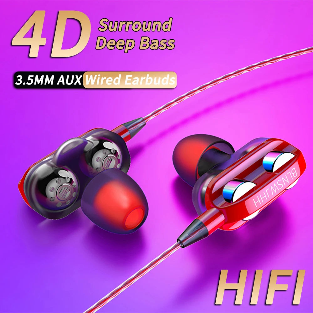 3.5mm Wired Headphones Noise Canceling In-Ear Sports Earphone Dual Driver Bass Stereo Gaming Headset HiFi Music Earbuds With Mic