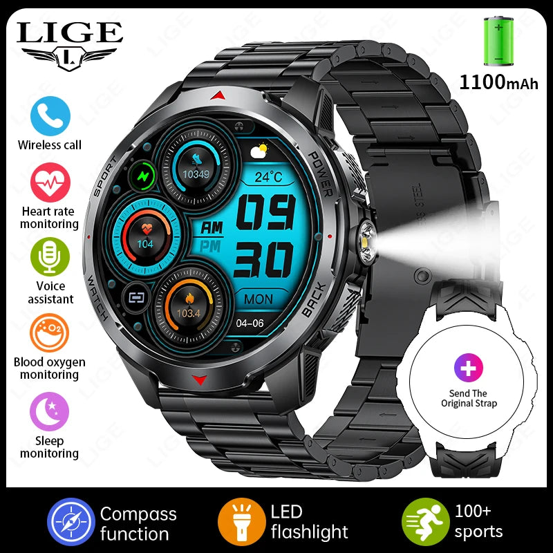 LIGE New Smart Watch Men 1100mah Large Capacity Battery Compass Outdoor 3ATM Waterproof Sports Fitness Bluetooth Call Smartwatch