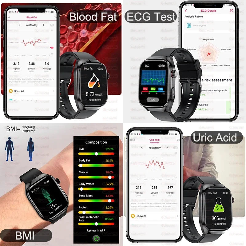 New Blood Pressure Uric Acid Body Fat Smartwatch Micro Physical Examination Five Organ Health Watches Bluetooth Call Smart Watch