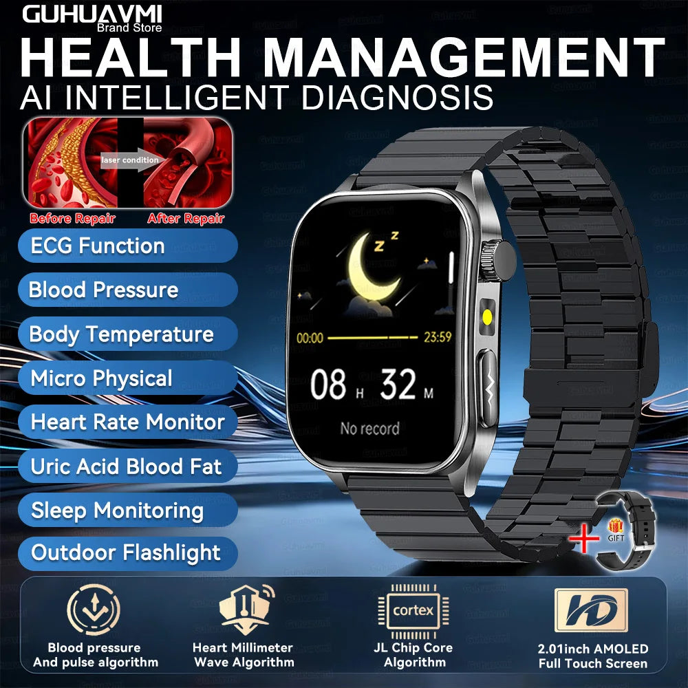 2025 New Laser therapy+ECG+HRV High-end Health Watch Men Body analysis Blood pressure lipids Uric acid Health Tracker Smartwatch