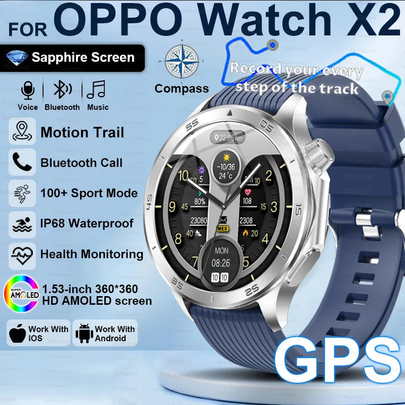 2025New For OPPO Watch X2 Smart Watch Men GPS Track Compass AMOLED Screen Bluetooth Call Heart Rate IP68 Waterproof Smartwatches