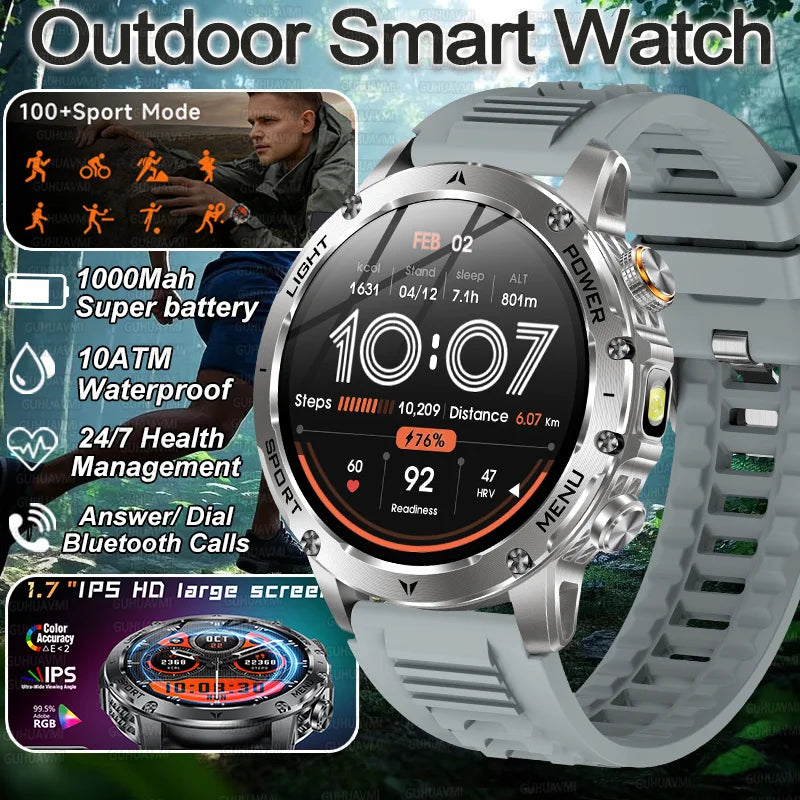 New Military Smart Watch Men 1.7 inches HD AMOLED Screen 100+Sports Heart Rate 1000Mah Battery HD Call 10ATM Waterproof Bracelet