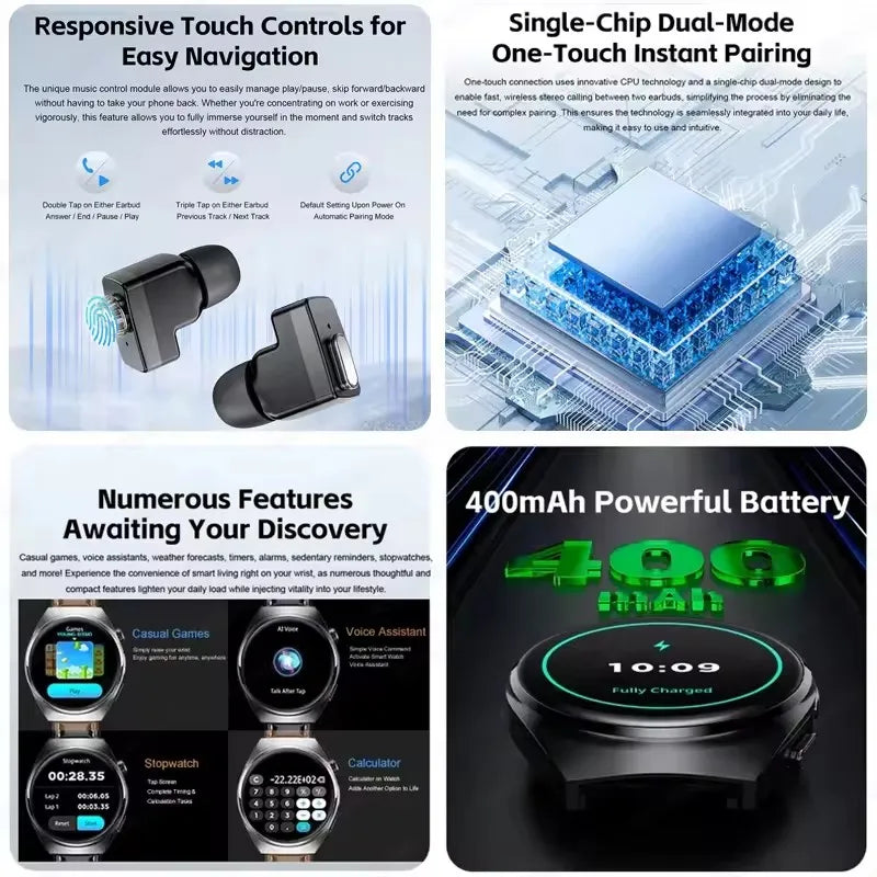 2025 New Original Smart Watch 2 in 1 Earbuds Watches 360*360 AMOLED Call Health Monitor Sport Tracker NFC Waterproof Smartwatchs