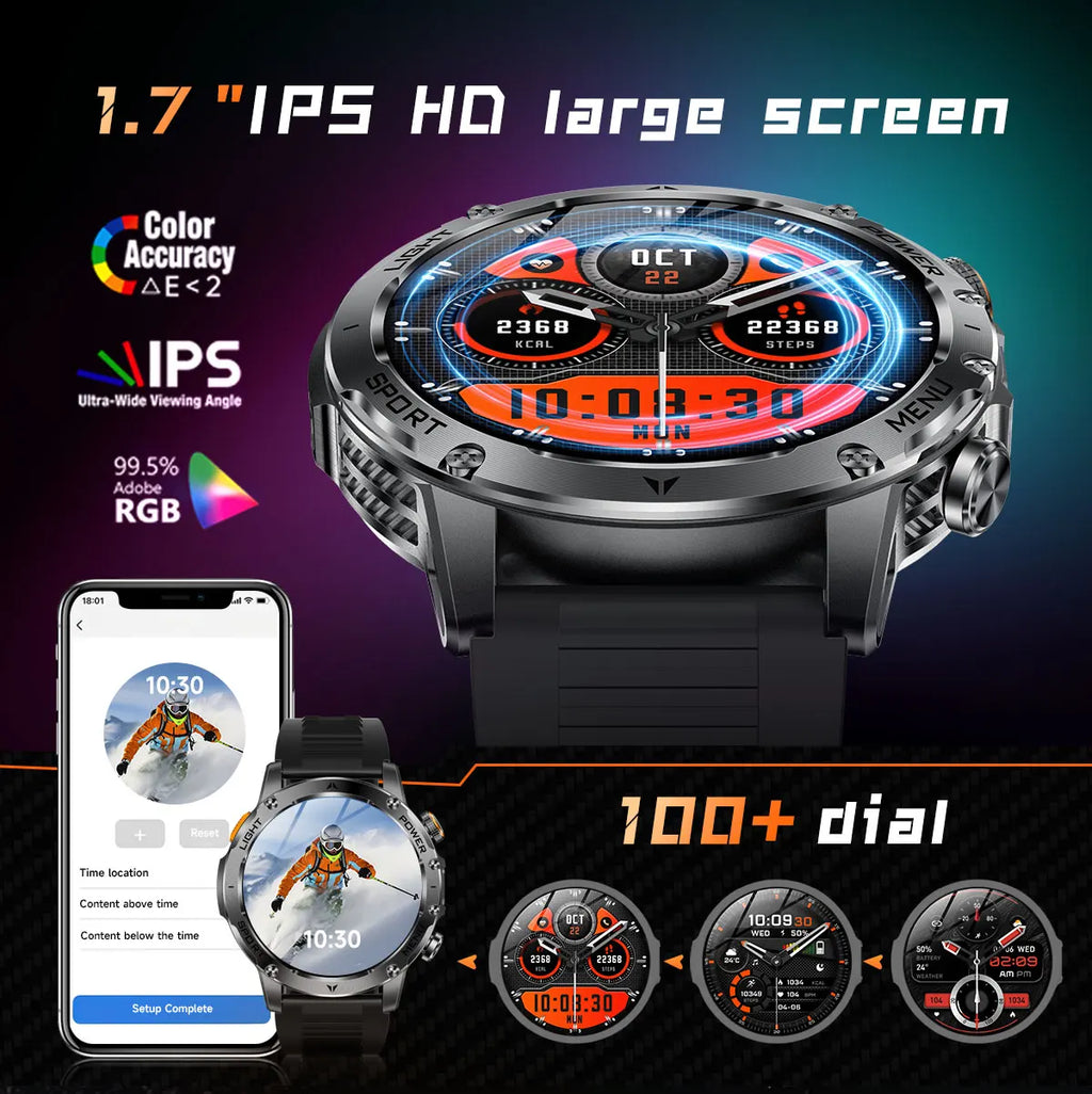 New Military Smart Watch Men 1.7 inches HD AMOLED Screen 100+Sports Heart Rate 1000Mah Battery HD Call 10ATM Waterproof Bracelet