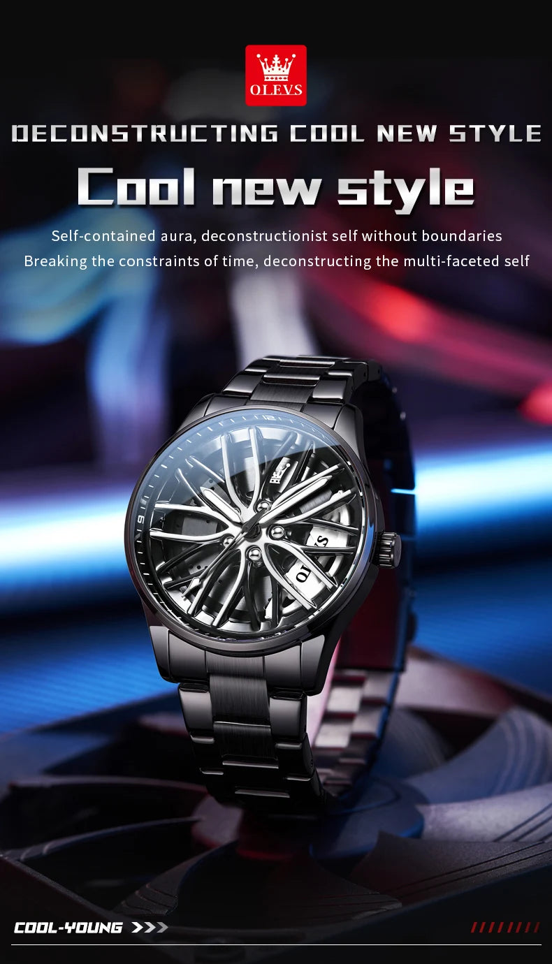 OLEVS 9937 Mens Watch Original Rotatable Wheel Hub Dial Fashion Trend Quartz Watch Waterproof Luminous Stainless Steel Reloj