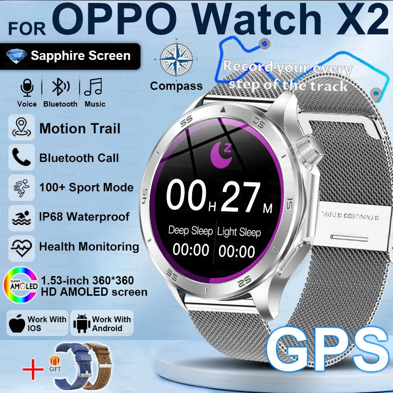 2025New For OPPO Watch X2 Smart Watch Men GPS Track Compass AMOLED Screen Bluetooth Call Heart Rate IP68 Waterproof Smartwatches
