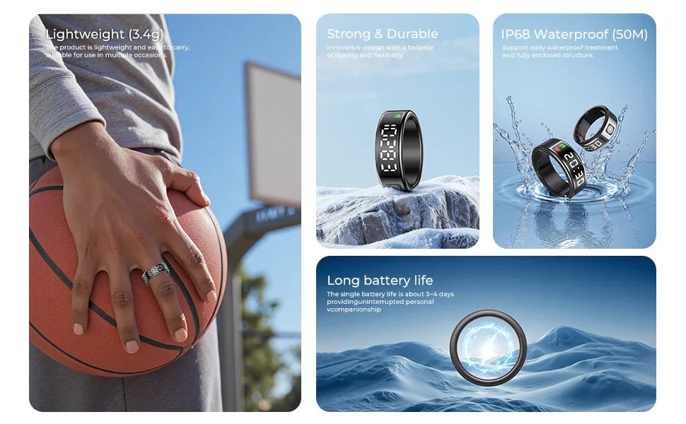 2025 New SR08 Smart Ring Men Women LED Display Screen Heart Rate Blood Oxygen Monitoring 5ATM Waterproof Multi Sports Modes Gift