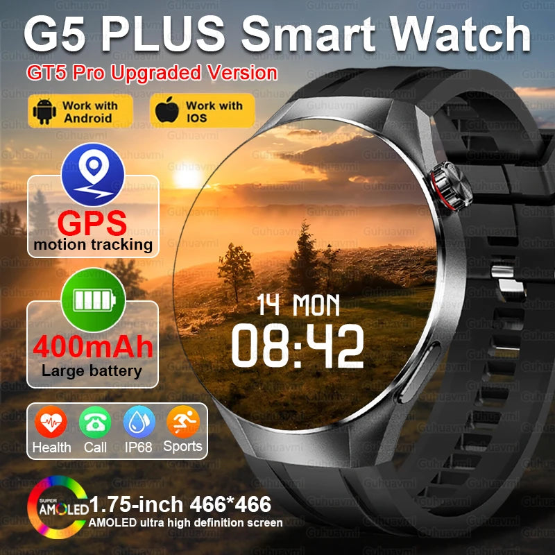 1.75''AMOLED HD Screen GPS Smartwatch Men Compass Heart Rate Bluetooth Call IP68 Waterproof Smart Watch G5 PLUS Watches 2025 New