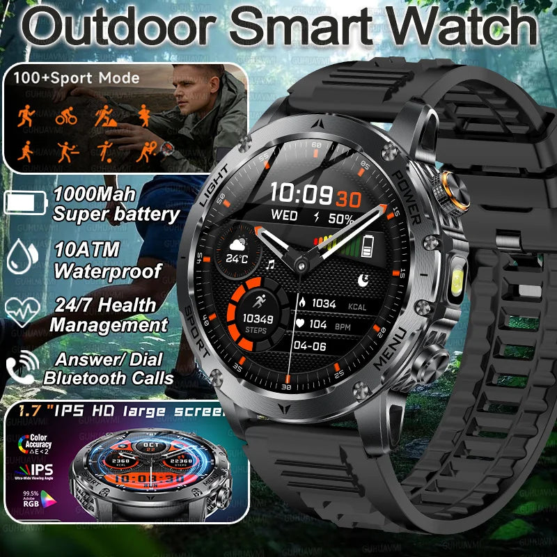 New Military Smart Watch Men 1.7 inches HD AMOLED Screen 100+Sports Heart Rate 1000Mah Battery HD Call 10ATM Waterproof Bracelet