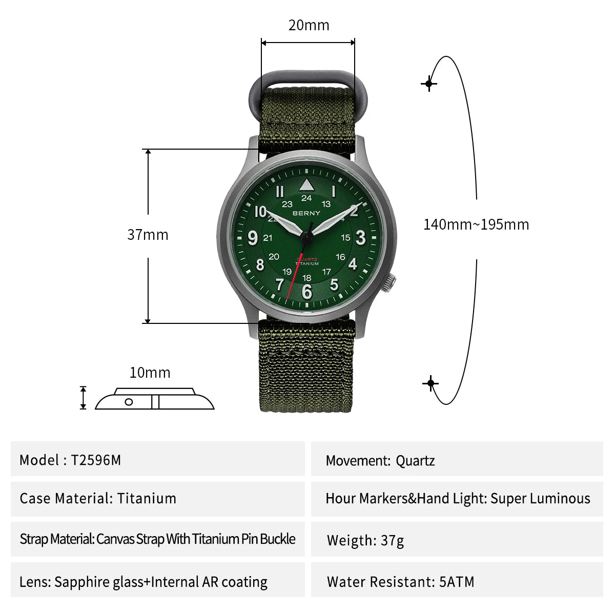 BERNY Titanium Watches for Men Super Luminous Sapphire Field Pilot Men's Watch Outdoor Quartz Wristwatch Lightweight 5ATM