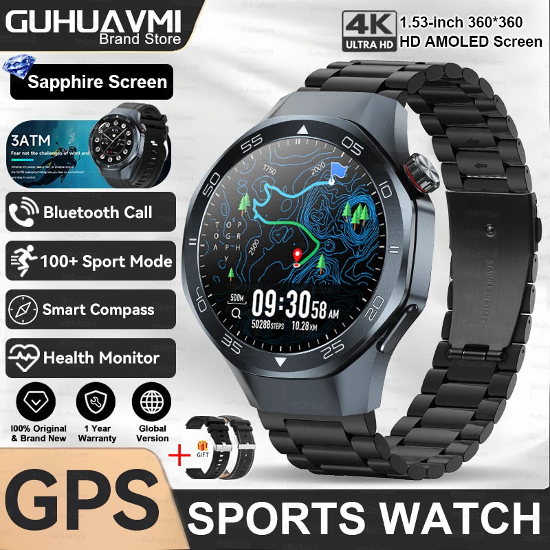 2025 New GPS Trackr GT5 Pro SmartWatch Men Heart Rate Bluetooth Call Compass 3ATM Waterproof Outdoor Sports Smart Bracelet Women