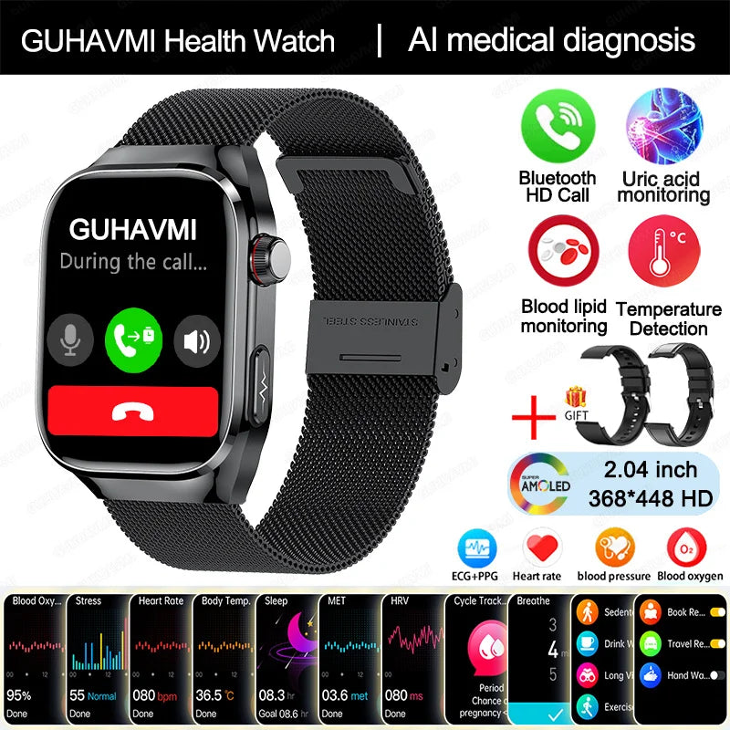 New Blood Pressure Uric Acid Body Fat Smartwatch Micro Physical Examination Five Organ Health Watches Bluetooth Call Smart Watch