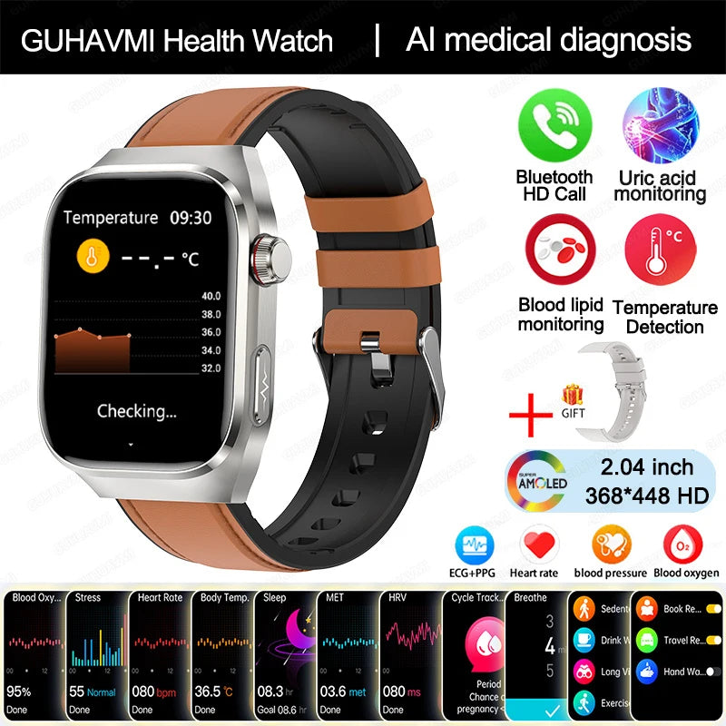 New Blood Pressure Uric Acid Body Fat Smartwatch Micro Physical Examination Five Organ Health Watches Bluetooth Call Smart Watch