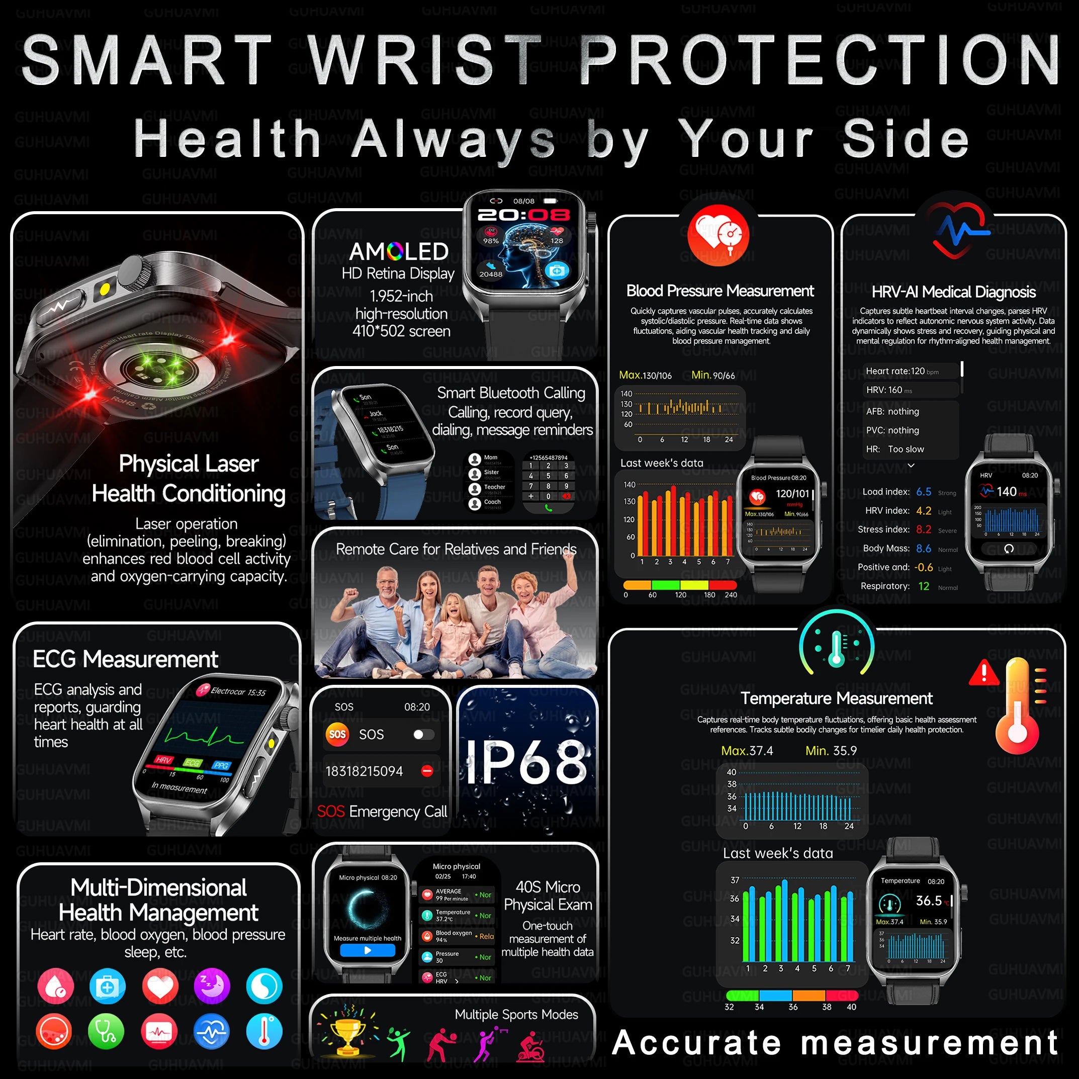 2025 New Laser therapy+ECG+HRV High-end Health Watch Men Body analysis Blood pressure lipids Uric acid Health Tracker Smartwatch