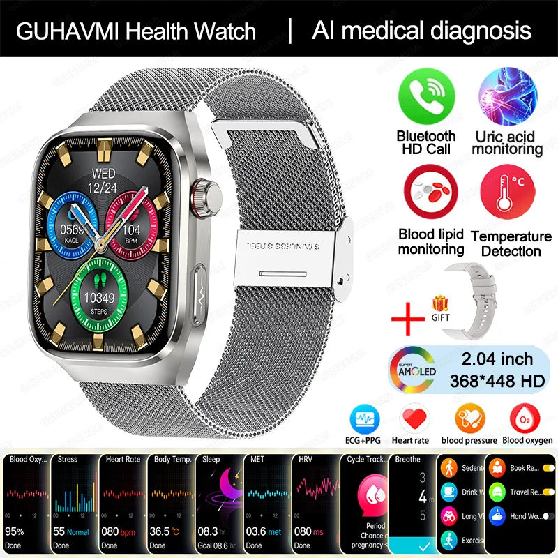 New Blood Pressure Uric Acid Body Fat Smartwatch Micro Physical Examination Five Organ Health Watches Bluetooth Call Smart Watch