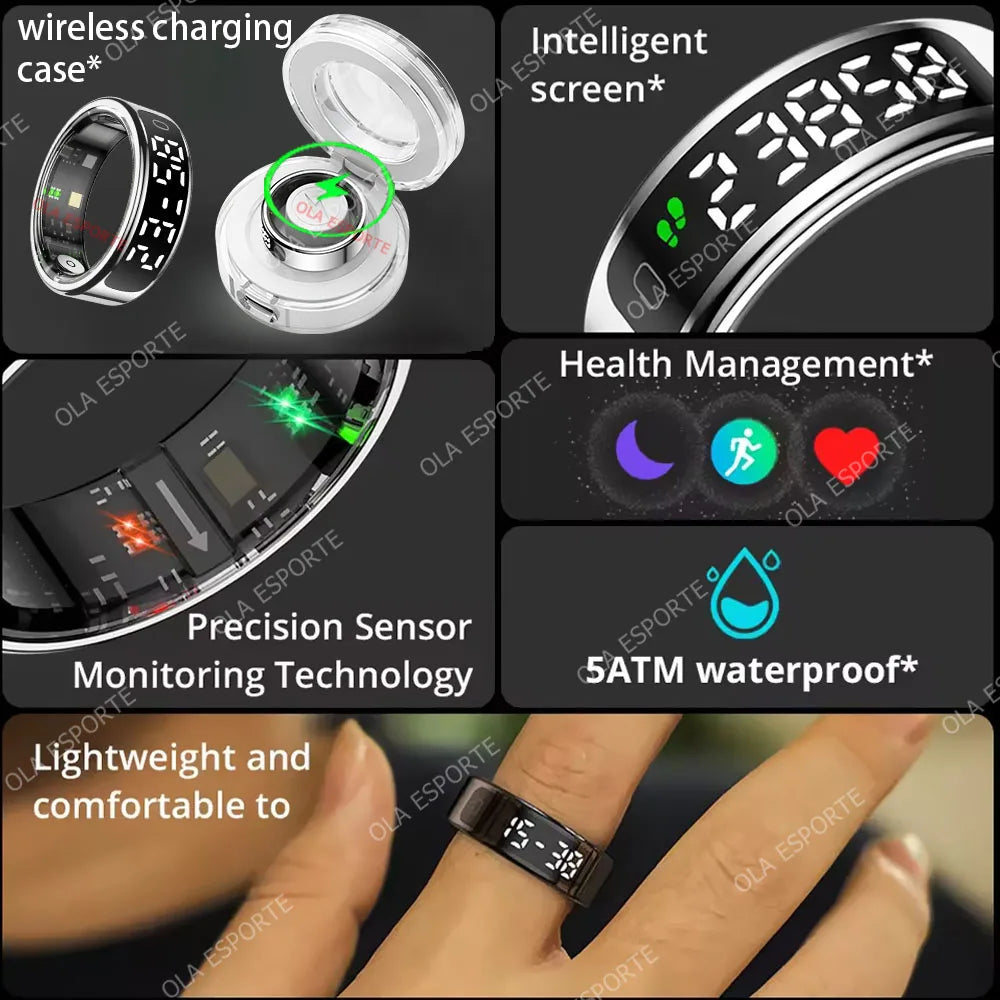 2025 Smart Ring with Display Screen and Touch, Wireless Charging Case,Health Manager, 5ATM Waterproof For Men Women R12 R13 Ring